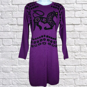 80s vintage Dressy Tessy wool blend Egyptian animal purple sweater dress medium